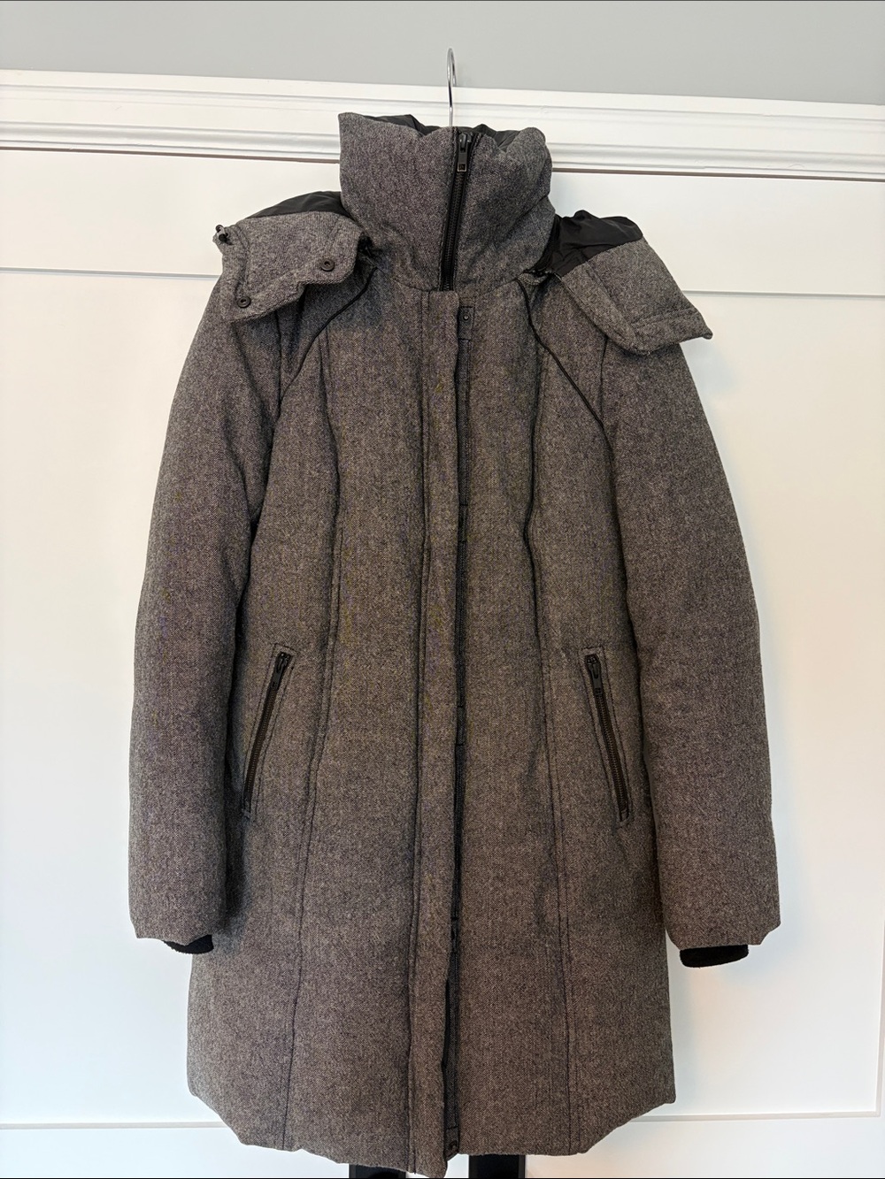 Soia & Kyo Down Wool Blend Herringbone Puffer Winter Parka w Detachable Hood